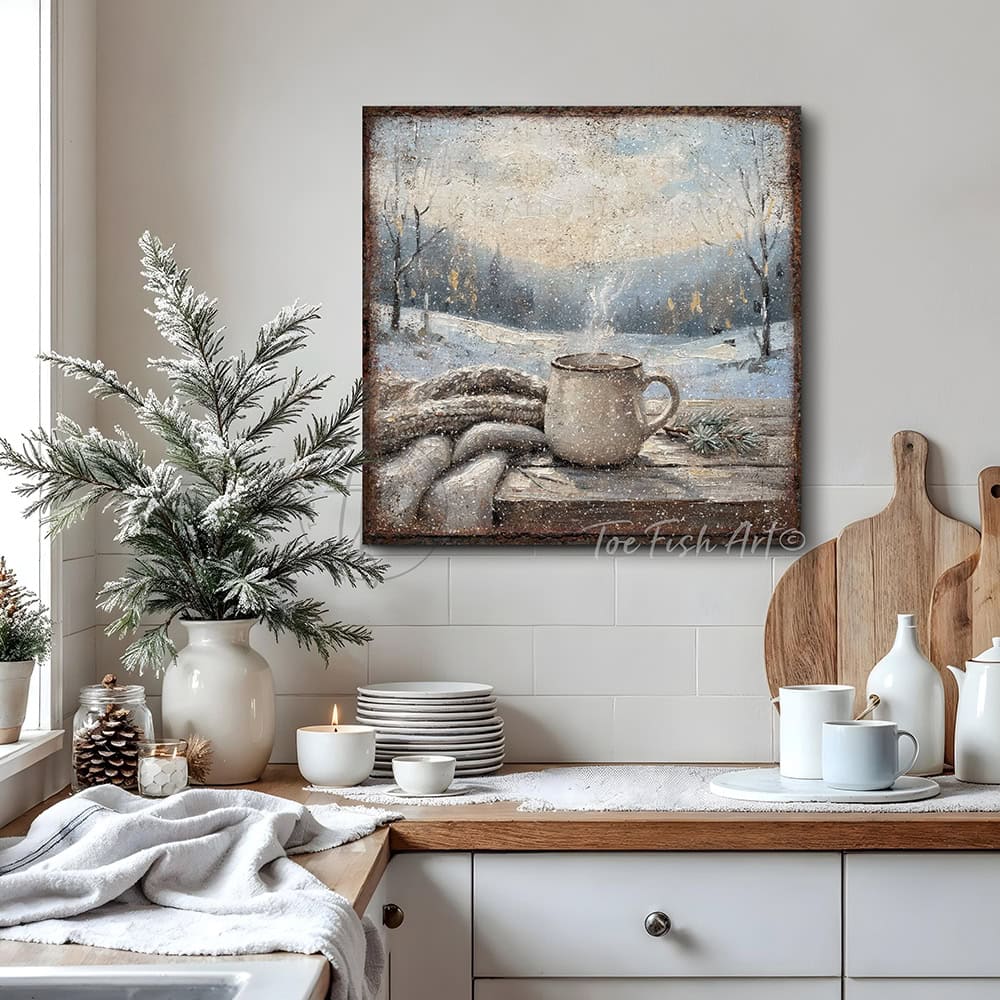 Bring the hygge vibes home with this charming canvas print of a steaming mug of coffee or hot cocoa nestled in a snowy winter wonderland.—Toe Fish Art makes authentic wall art with American sourced materials. Proudly made in the USA, each sign is constructed with genuine craftsmanship, heritage quality, and rustic charm. Our premium, handcrafted pieces are built to last. Discover American made wall art at toefishart.com—crafted to inspire, made to endure.