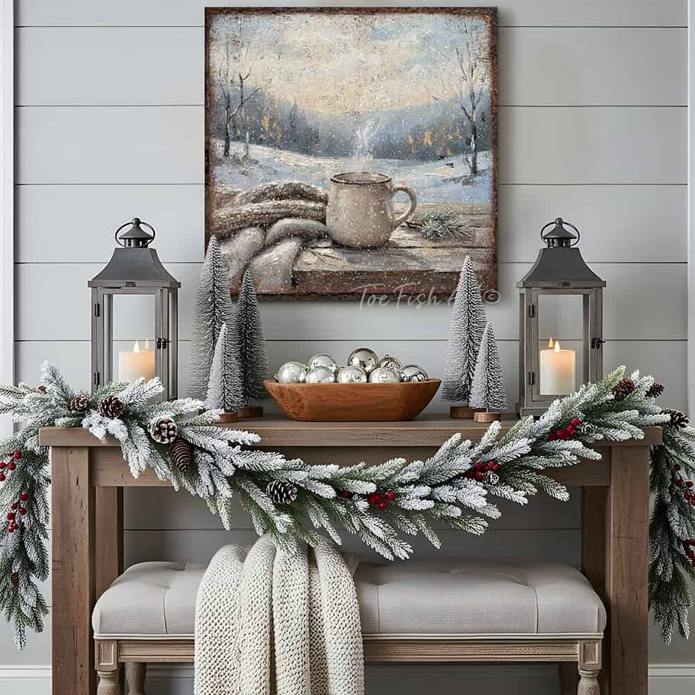 Bring the hygge vibes home with this charming canvas print of a steaming mug of coffee or hot cocoa nestled in a snowy winter wonderland.—Toe Fish Art makes authentic wall art with American sourced materials. Proudly made in the USA, each sign is constructed with genuine craftsmanship, heritage quality, and rustic charm. Our premium, handcrafted pieces are built to last. Discover American made wall art at toefishart.com—crafted to inspire, made to endure.