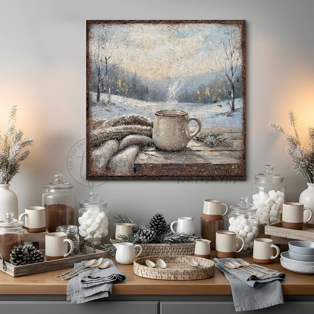 Bring the hygge vibes home with this charming canvas print of a steaming mug of coffee or hot cocoa nestled in a snowy winter wonderland.—Toe Fish Art makes authentic wall art with American sourced materials. Proudly made in the USA, each sign is constructed with genuine craftsmanship, heritage quality, and rustic charm. Our premium, handcrafted pieces are built to last. Discover American made wall art at toefishart.com—crafted to inspire, made to endure.