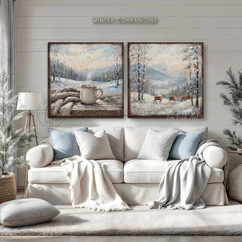 Bring the hygge vibes home with this charming canvas print of a steaming mug of coffee or hot cocoa nestled in a snowy winter wonderland.—Toe Fish Art makes authentic wall art with American sourced materials. Proudly made in the USA, each sign is constructed with genuine craftsmanship, heritage quality, and rustic charm. Our premium, handcrafted pieces are built to last. Discover American made wall art at toefishart.com—crafted to inspire, made to endure.