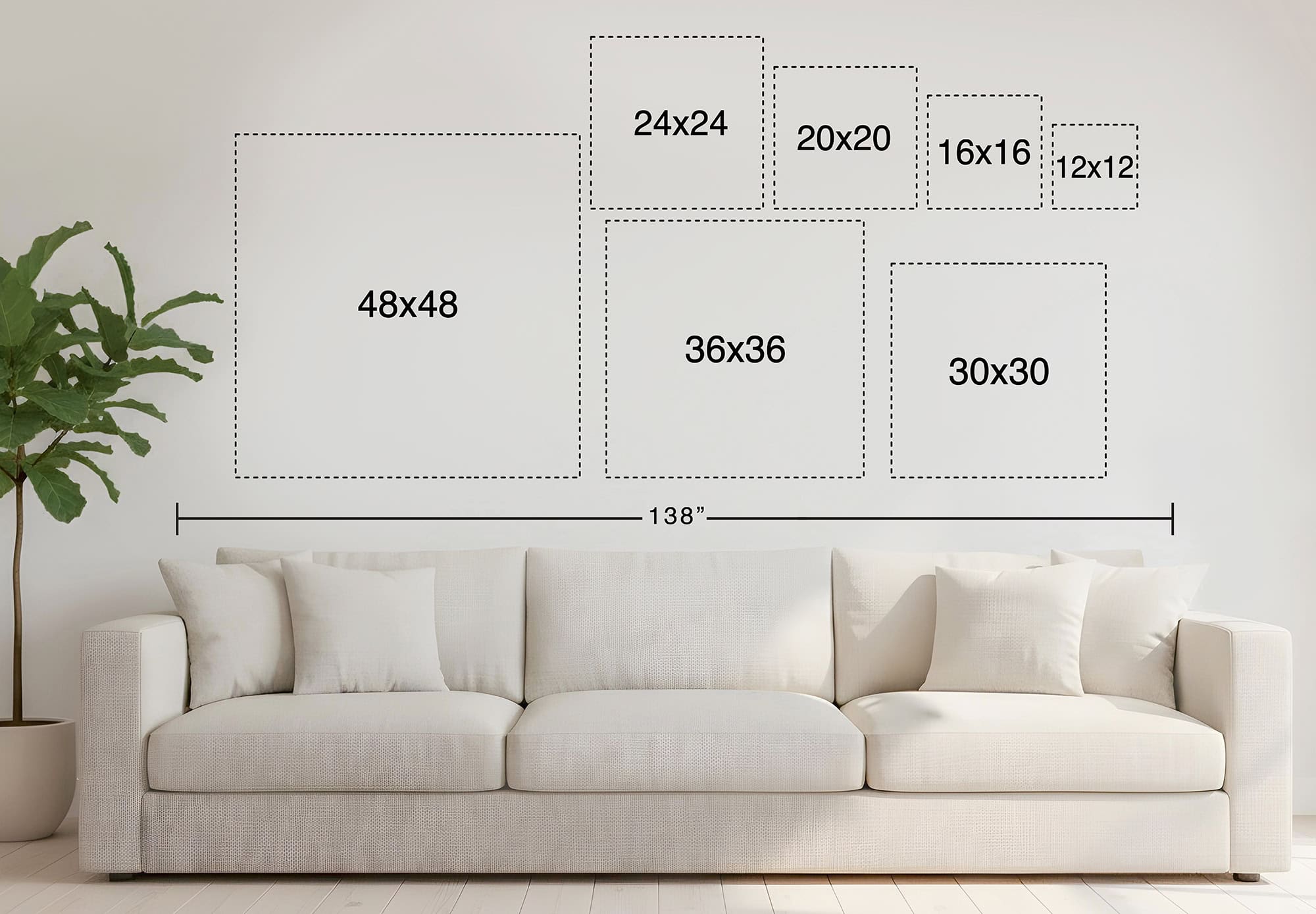 Toe Fish Art size guide showing 12"x12" to 48"x48" square sizes wall art.