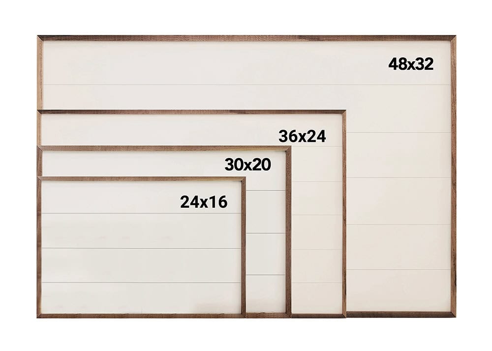 Toe Fish Art size guide for 24"x16" up to 48"x32" size Framed Hardwood Shiplap wall art signs with Walnut Wood Framing.
