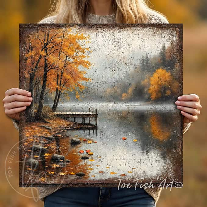 Toe Fish Art Rustic autumn wall art of a wooden dock on a misty lake surrounded by golden trees and fall leaves on the water.