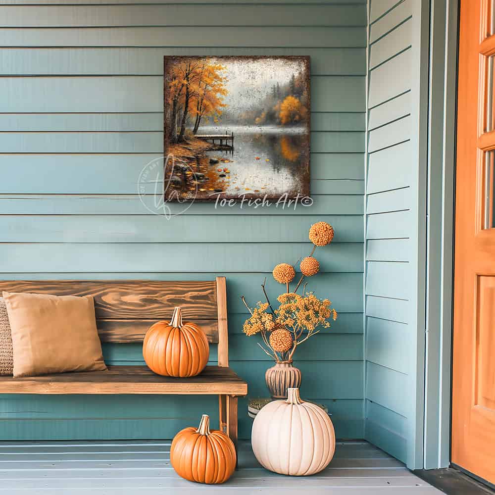 Toe Fish Art Rustic autumn wall art of a wooden dock on a misty lake surrounded by golden trees and fall leaves on the water.