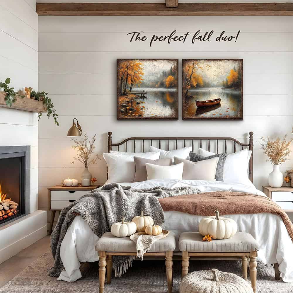 Toe Fish Art Rustic autumn wall art of a wooden dock on a misty lake surrounded by golden trees and fall leaves on the water.