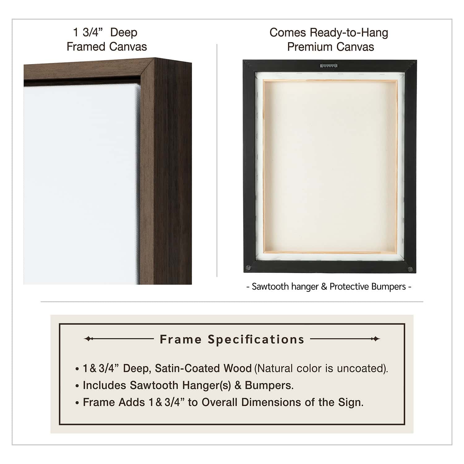 Toe Fish Art solid wood modern floater frames for canvas signs. Available option with all of our canvas sizes from small to large! Frame color options include: Black, Natural Wood, Walnut, White. Specifications and details as shown.