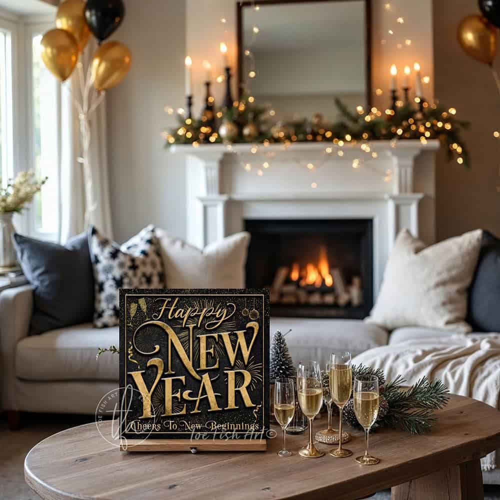 Toe Fish Art Gold and black Happy New Year wall art with champagne glasses, fireworks, and “Cheers to New Beginnings” text design.