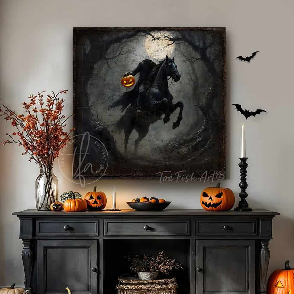 Toe Fish Art's Headless Horseman Halloween Painting – This vintage gothic sign blends rustic-industrial styles to create an eye-catching fall decoration. Perfect for creepy sophisticated charm with dark autumn vibes, it's the ideal accent for a hauntingly fun aesthetic. Toe Fish Art creates quality, artisan-made wall décor with authentic, American sourced materials. Proudly Made in the USA for decades, each sign is expertly constructed with genuine craftsmanship, heritage quality, and rustic charm.