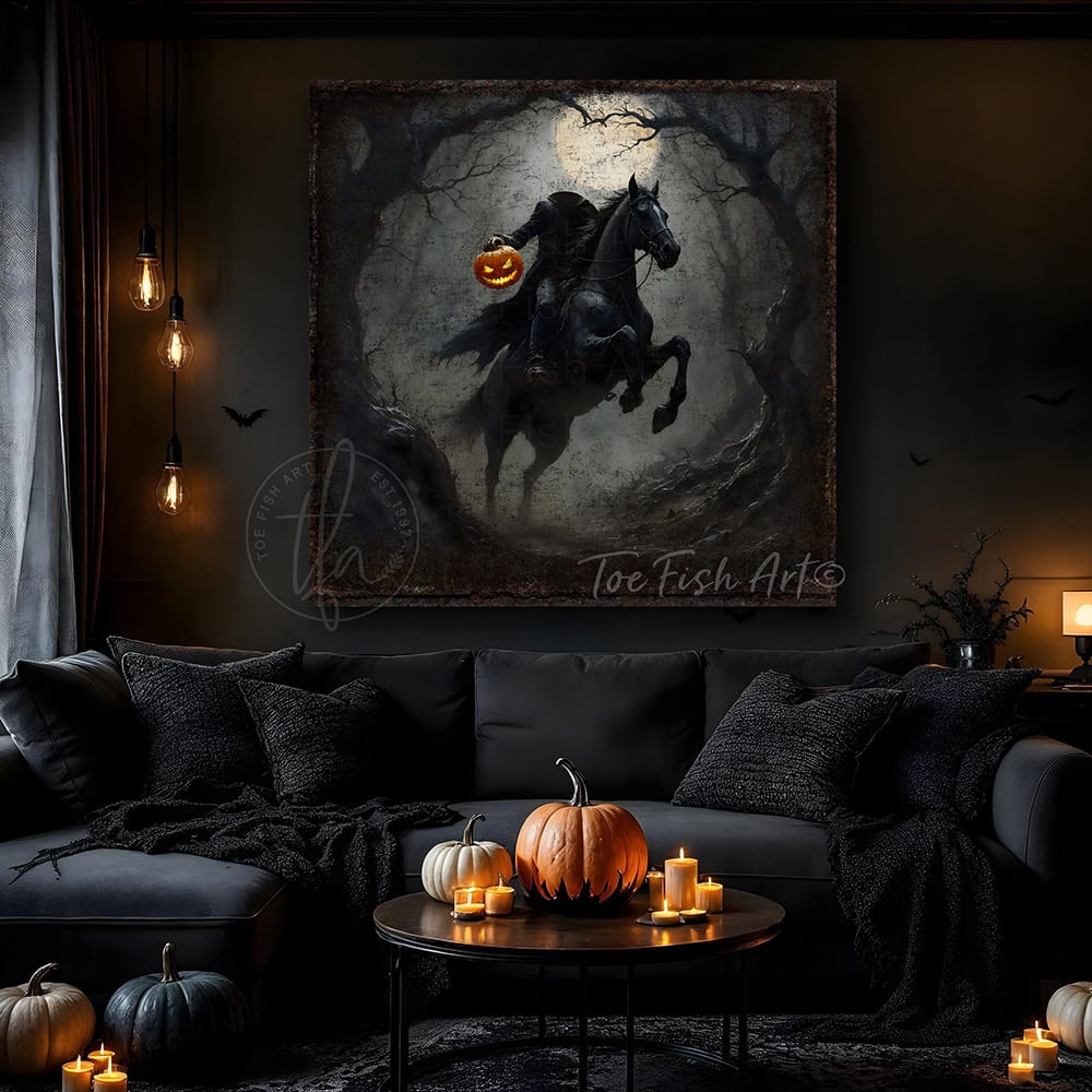 Toe Fish Art's Headless Horseman Halloween painting for creepy fall entryway, living room or fireplace mantel decor. – This vintage gothic sign creates an impressive seasonal decoration. Perfect for scary, sophisticated charm, it's the ideal focal point for dark, haunted vibes. Toe Fish Art delivers high quality artisan-made wall art with authentic American-sourced materials. Proudly Made in the USA, each piece is expertly constructed with genuine craftsmanship, heritage quality, and rustic charm.