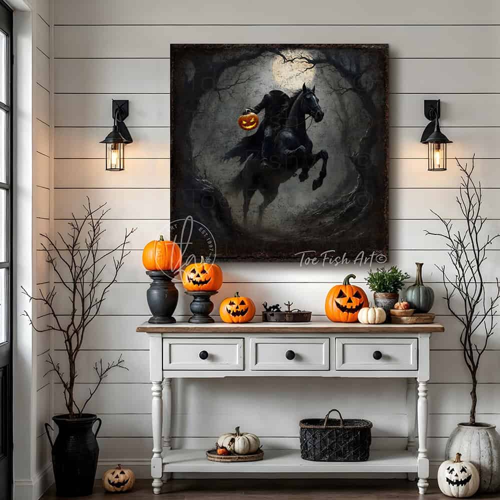 Toe Fish Art's Headless Horseman Halloween painting for creepy fall entryway, living room or fireplace mantel decor. – This vintage gothic sign creates an impressive seasonal decoration. Perfect for scary, sophisticated charm, it's the ideal focal point for dark, haunted vibes. Toe Fish Art delivers high quality artisan-made wall art with authentic American-sourced materials. Proudly Made in the USA, each piece is expertly constructed with genuine craftsmanship, heritage quality, and rustic charm.