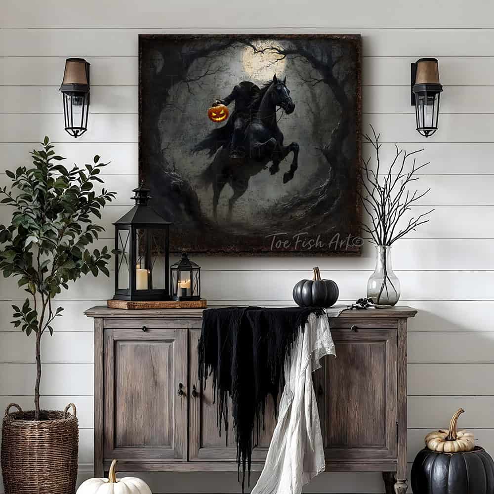Toe Fish Art's Headless Horseman Halloween painting for creepy fall entryway, living room or fireplace mantel decor. – This vintage gothic sign creates an impressive seasonal decoration. Perfect for scary, sophisticated charm, it's the ideal focal point for dark, haunted vibes. Toe Fish Art delivers high quality artisan-made wall art with authentic American-sourced materials. Proudly Made in the USA, each piece is expertly constructed with genuine craftsmanship, heritage quality, and rustic charm.