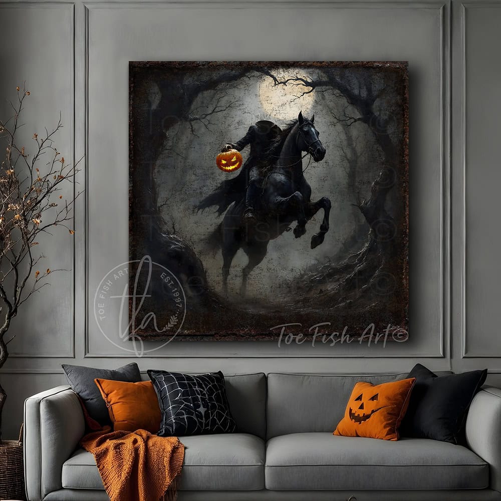 Toe Fish Art's Headless Horseman Halloween painting for creepy fall entryway, living room or fireplace mantel decor. – This vintage gothic sign creates an impressive seasonal decoration. Perfect for scary, sophisticated charm, it's the ideal focal point for dark, haunted vibes. Toe Fish Art delivers high quality artisan-made wall art with authentic American-sourced materials. Proudly Made in the USA, each piece is expertly constructed with genuine craftsmanship, heritage quality, and rustic charm.