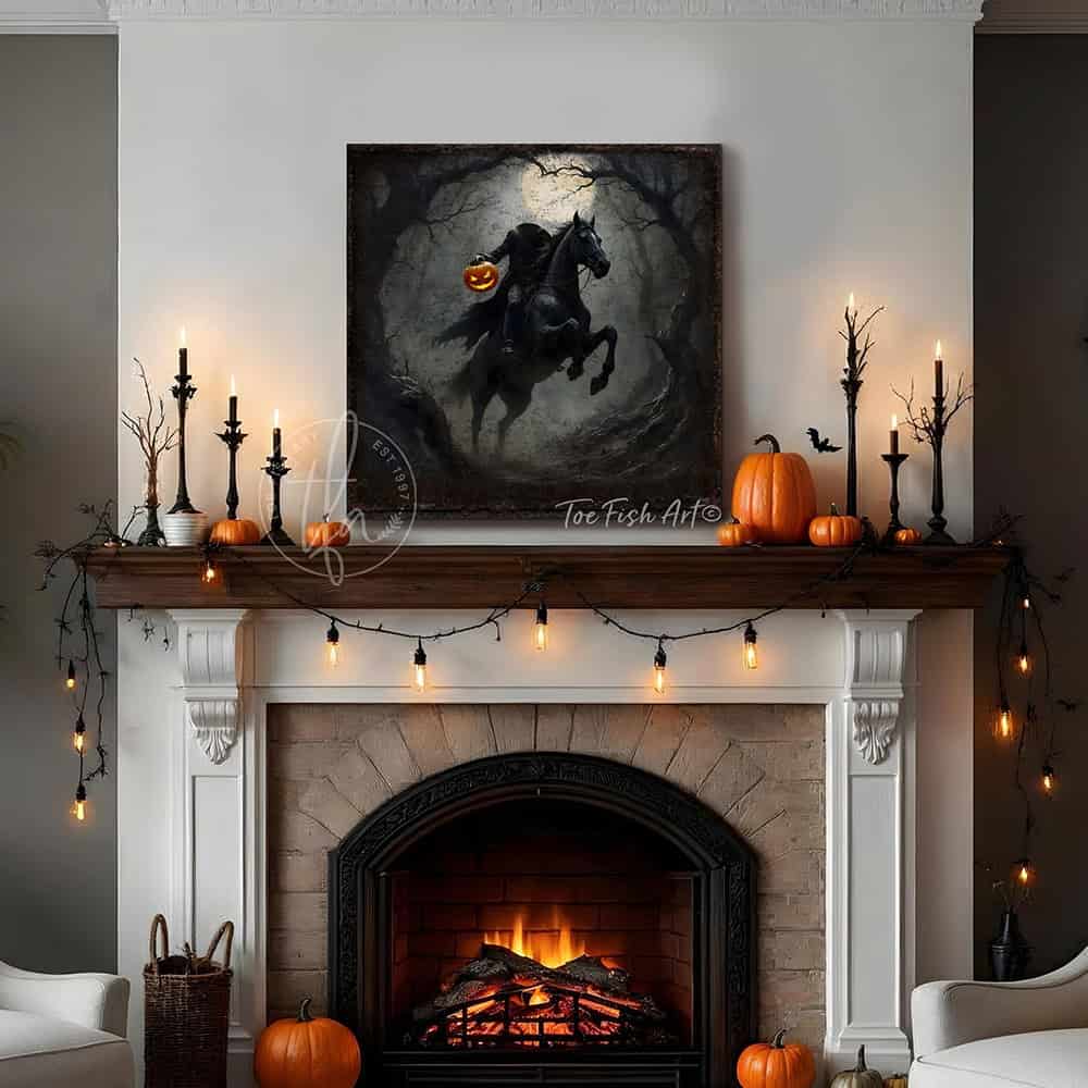 Toe Fish Art's Headless Horseman Halloween painting for creepy fall entryway, living room or fireplace mantel decor. – This vintage gothic sign creates an impressive seasonal decoration. Perfect for scary, sophisticated charm, it's the ideal focal point for dark, haunted vibes. Toe Fish Art delivers high quality artisan-made wall art with authentic American-sourced materials. Proudly Made in the USA, each piece is expertly constructed with genuine craftsmanship, heritage quality, and rustic charm.