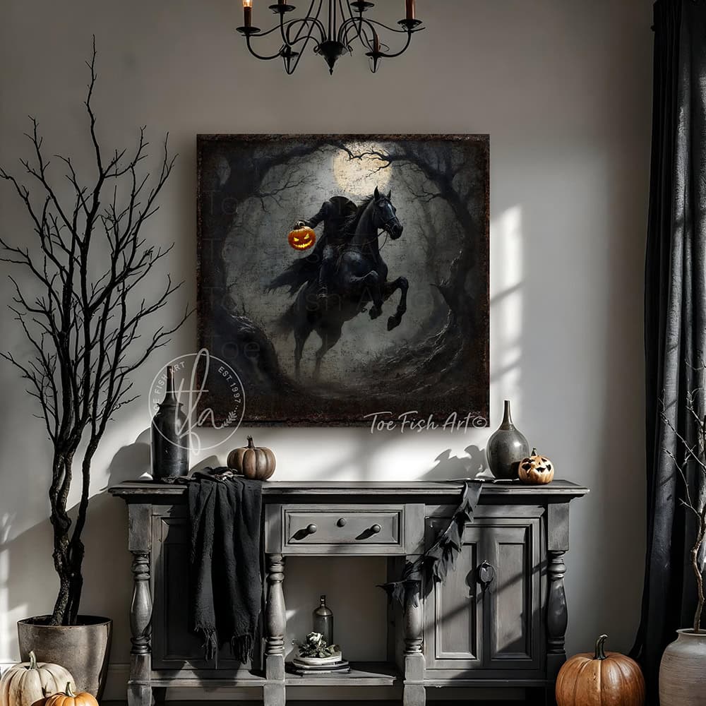 Toe Fish Art's Headless Horseman Halloween painting for creepy fall entryway, living room or fireplace mantel decor. – This vintage gothic sign creates an impressive seasonal decoration. Perfect for scary, sophisticated charm, it's the ideal focal point for dark, haunted vibes. Toe Fish Art delivers high quality artisan-made wall art with authentic American-sourced materials. Proudly Made in the USA, each piece is expertly constructed with genuine craftsmanship, heritage quality, and rustic charm.