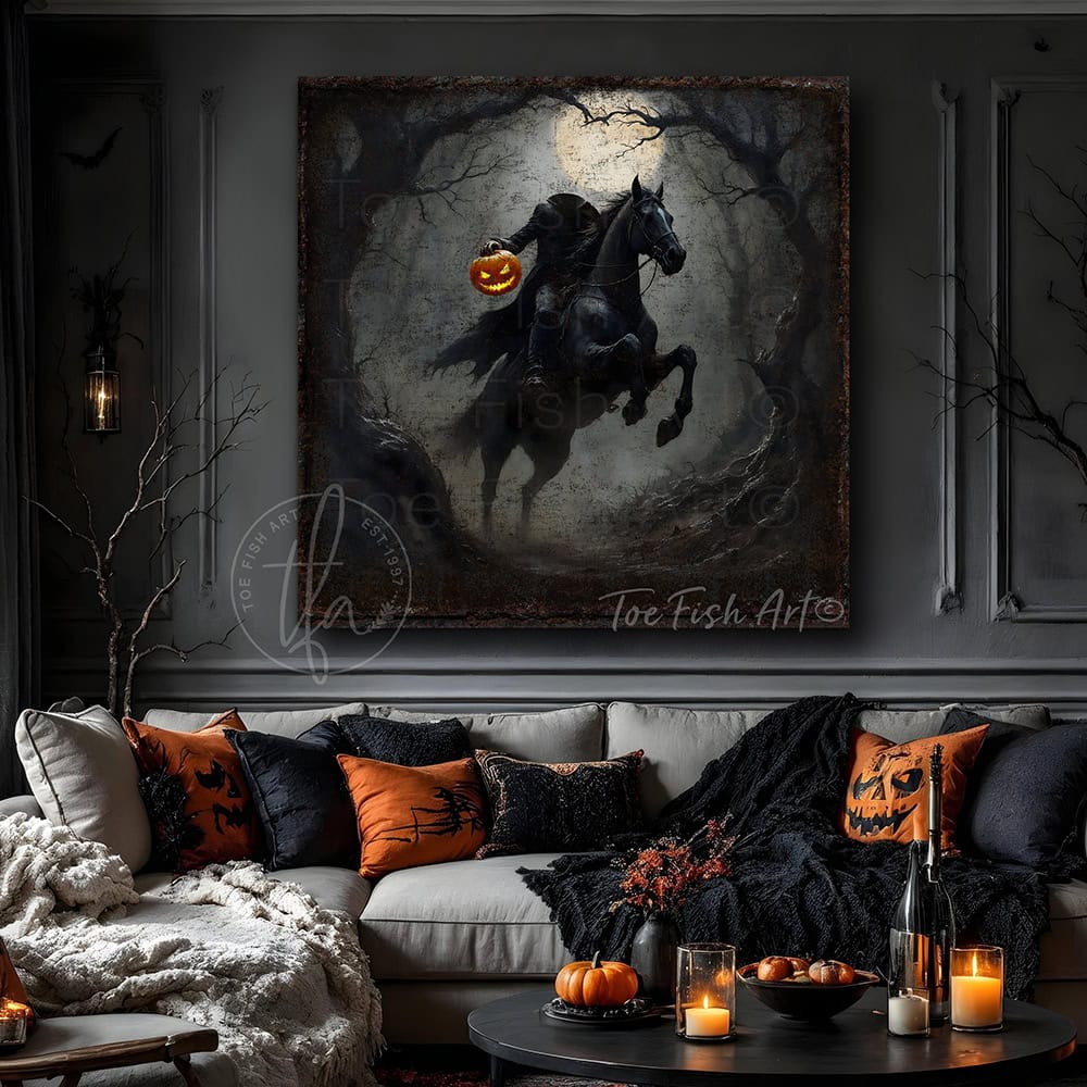 Toe Fish Art's Headless Horseman Halloween painting for creepy fall entryway, living room or fireplace mantel decor. – This vintage gothic sign creates an impressive seasonal decoration. Perfect for scary, sophisticated charm, it's the ideal focal point for dark, haunted vibes. Toe Fish Art delivers high quality artisan-made wall art with authentic American-sourced materials. Proudly Made in the USA, each piece is expertly constructed with genuine craftsmanship, heritage quality, and rustic charm.