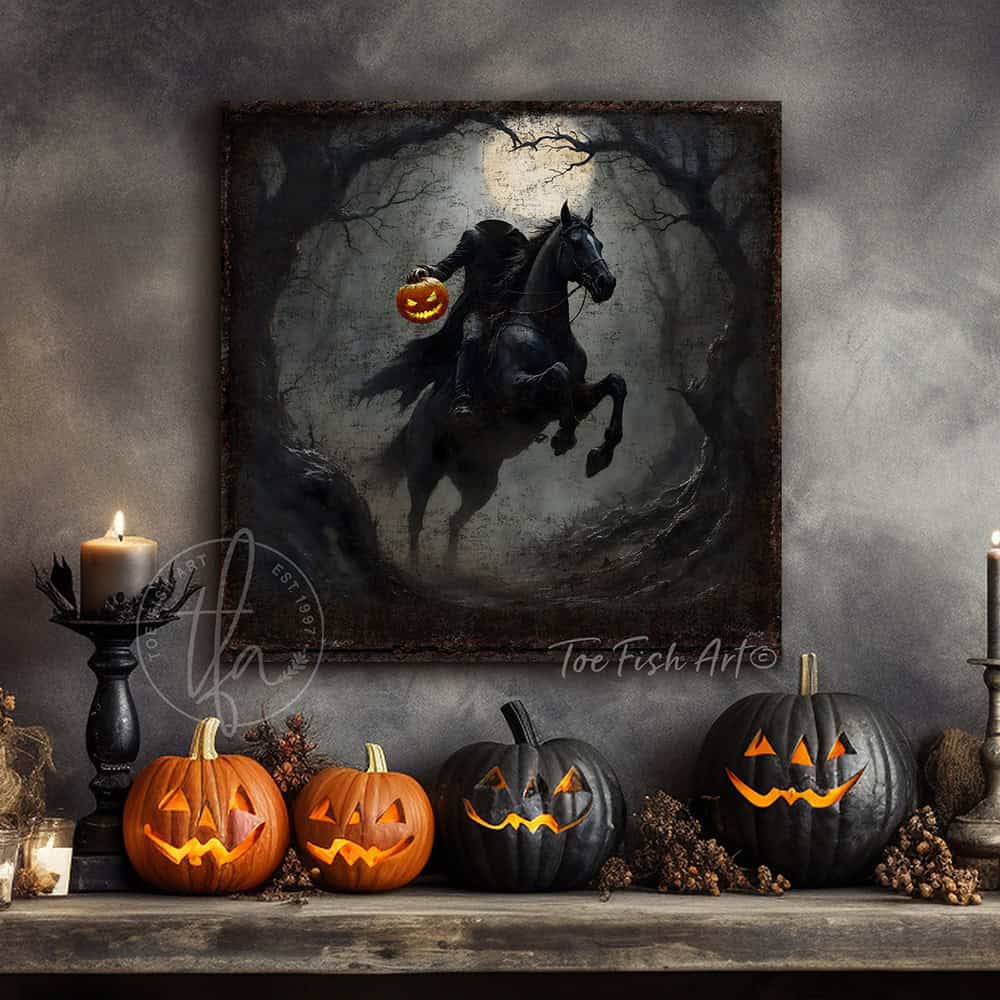 Toe Fish Art's Headless Horseman Halloween painting for creepy fall entryway, living room or fireplace mantel decor. – This vintage gothic sign creates an impressive seasonal decoration. Perfect for scary, sophisticated charm, it's the ideal focal point for dark, haunted vibes. Toe Fish Art delivers high quality artisan-made wall art with authentic American-sourced materials. Proudly Made in the USA, each piece is expertly constructed with genuine craftsmanship, heritage quality, and rustic charm.