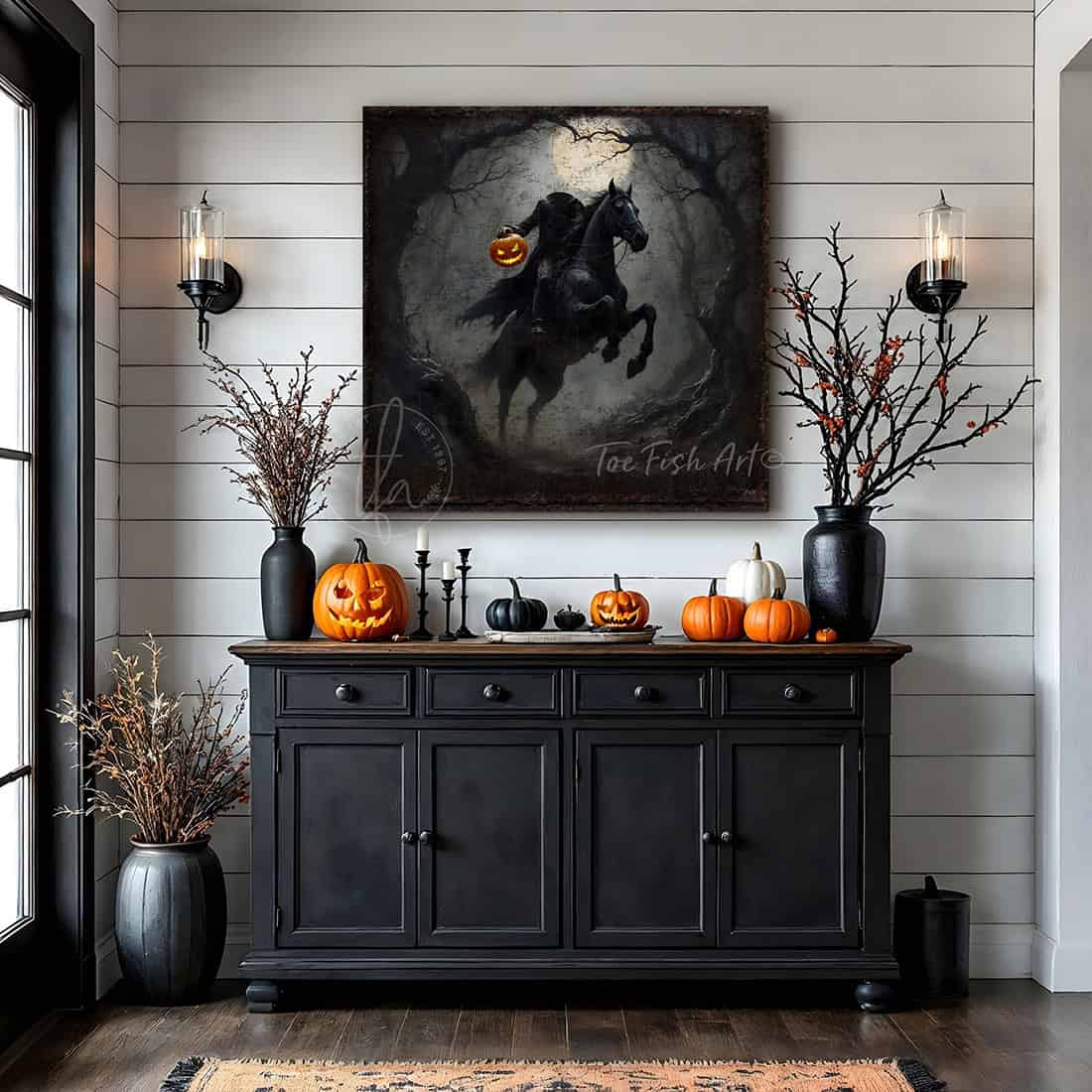 Toe Fish Art's Headless Horseman Halloween painting for creepy fall entryway or fireplace mantel decor. – This vintage gothic sign creates a stunning seasonal decoration. Perfect for scary, sophisticated charm with dark autumn vibes, it's the ideal accent for a hauntingly fun aesthetic. Toe Fish Art delivers high quality artisan-made wall art with authentic American-sourced materials. Proudly Made in the USA, each piece is expertly constructed with genuine craftsmanship, heritage quality, and rustic charm.