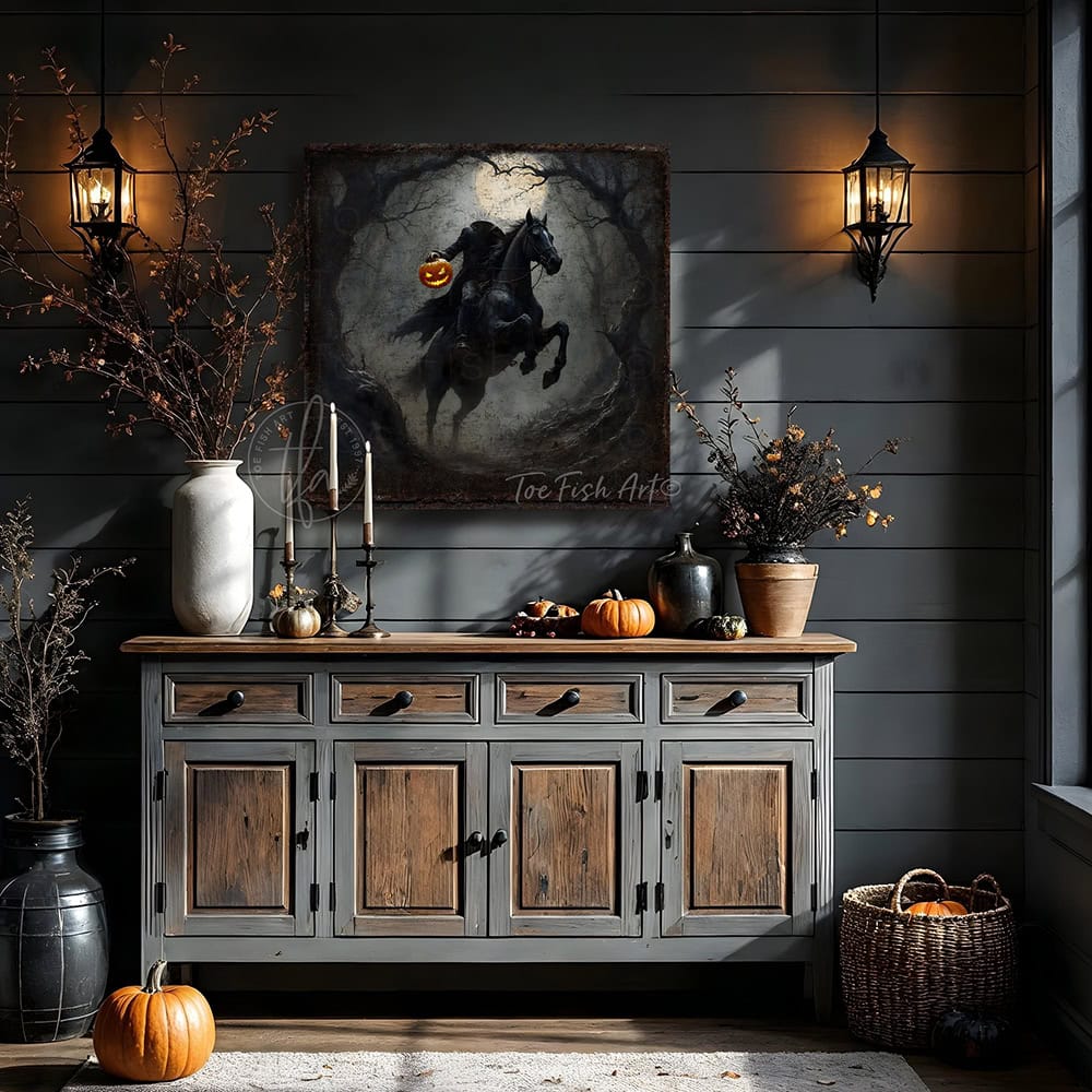 Toe Fish Art's Headless Horseman Halloween painting for creepy fall entryway, living room or fireplace mantel decor. – This vintage gothic sign creates an impressive seasonal decoration. Perfect for scary, sophisticated charm, it's the ideal focal point for dark, haunted vibes. Toe Fish Art delivers high quality artisan-made wall art with authentic American-sourced materials. Proudly Made in the USA, each piece is expertly constructed with genuine craftsmanship, heritage quality, and rustic charm.