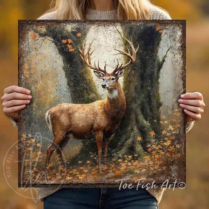 Toe Fish Art Rustic wall art of a majestic buck standing in an autumn forest surrounded by golden leaves and tall trees.