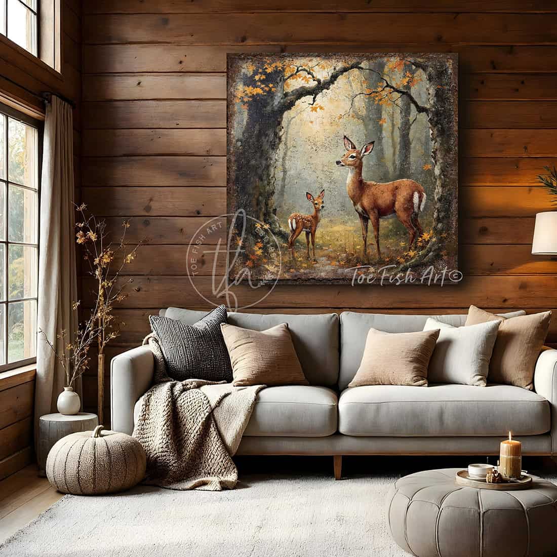 Toe Fish Art Rustic wall art of a mother deer and fawn standing in an autumn forest with golden leaves and soft morning light.