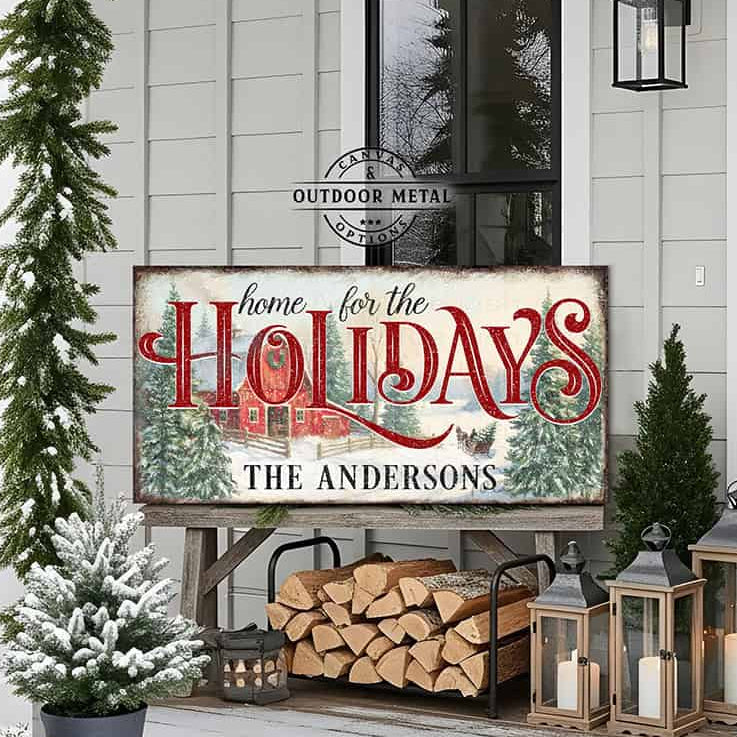 Toe Fish Art's Personalized Family Christmas Sign "Home for the Holidays" | Canvas or Outdoor Metal Print | Vintage farmhouse sign. — Toe Fish Art creates quality, artisan-made wall décor with authentic, American sourced materials. Proudly Made in the USA, each sign is expertly constructed with genuine craftsmanship, heritage quality, and rustic charm. Our premium, handcrafted pieces are built to last with durable materials. Custom, personalized, timeless designs for indoor and outdoor spaces.
