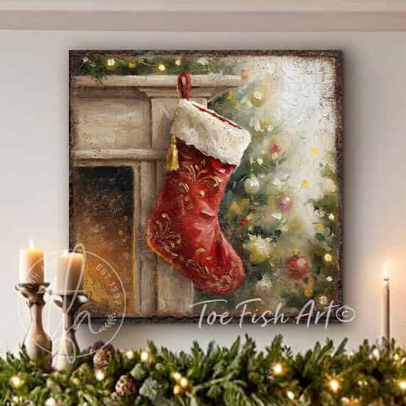 Toe Fish Art festive red Christmas stocking hanging by fireplace with decorated tree and golden lights, holiday wall art painting.