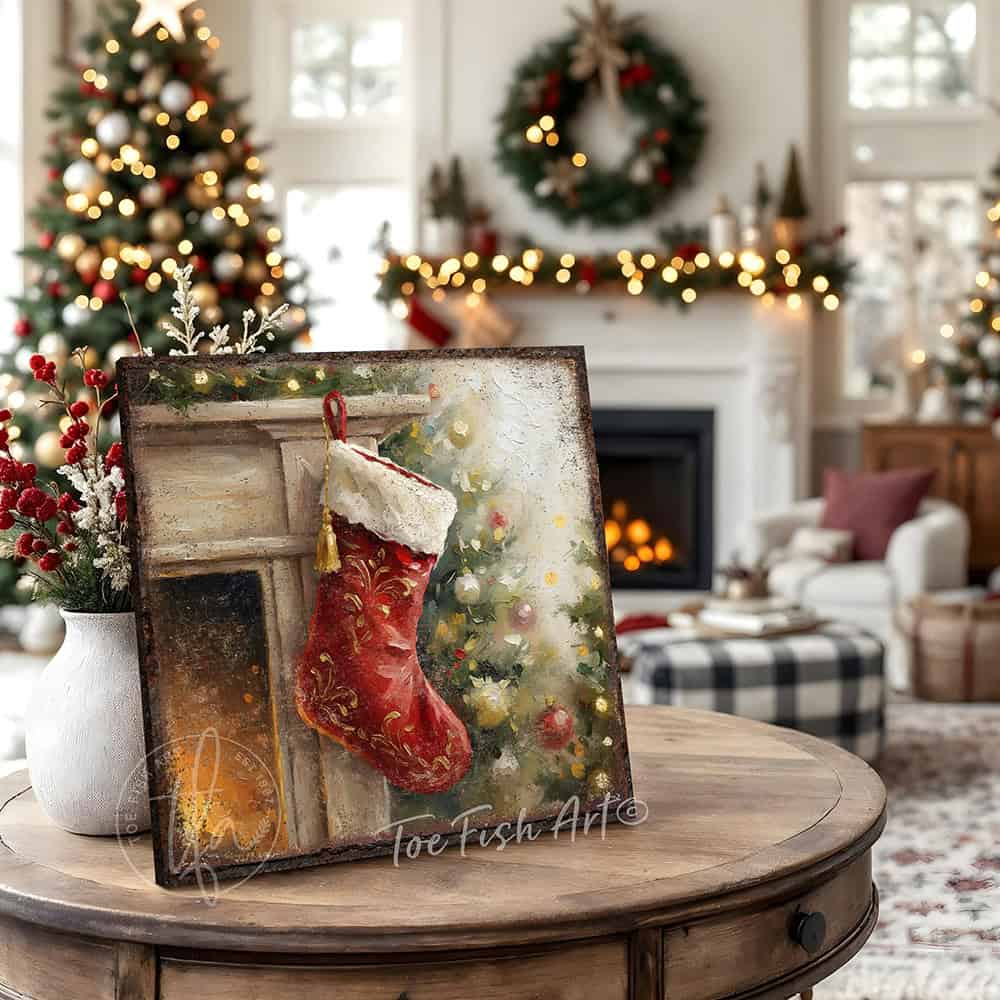 Toe Fish Art festive red Christmas stocking hanging by fireplace with decorated tree and golden lights, holiday wall art painting.