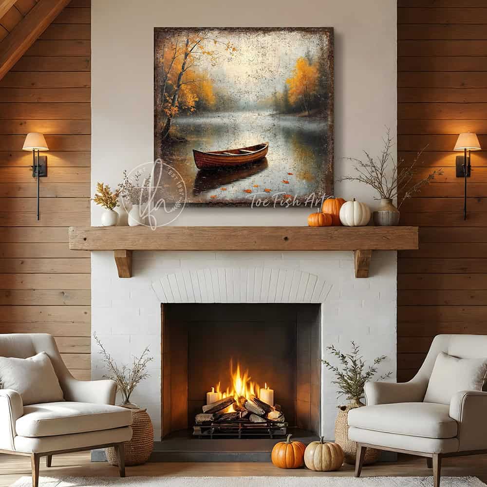 Toe Fish Art Rustic autumn wall art featuring a wooden canoe on a misty lake surrounded by golden fall trees and calm reflections.