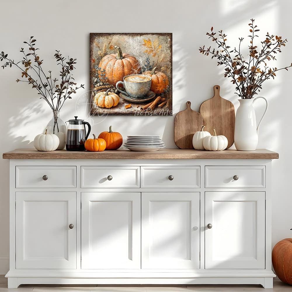 Toe Fish Art rustic wall art featuring a steaming pumpkin spice latte surrounded by pumpkins, cinnamon sticks, and autumn leaves.