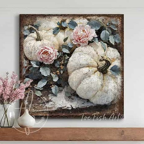 Toe Fish Art Rustic wall art featuring white pumpkins with pink peonies and blue leaves, vintage farmhouse fall floral decor.