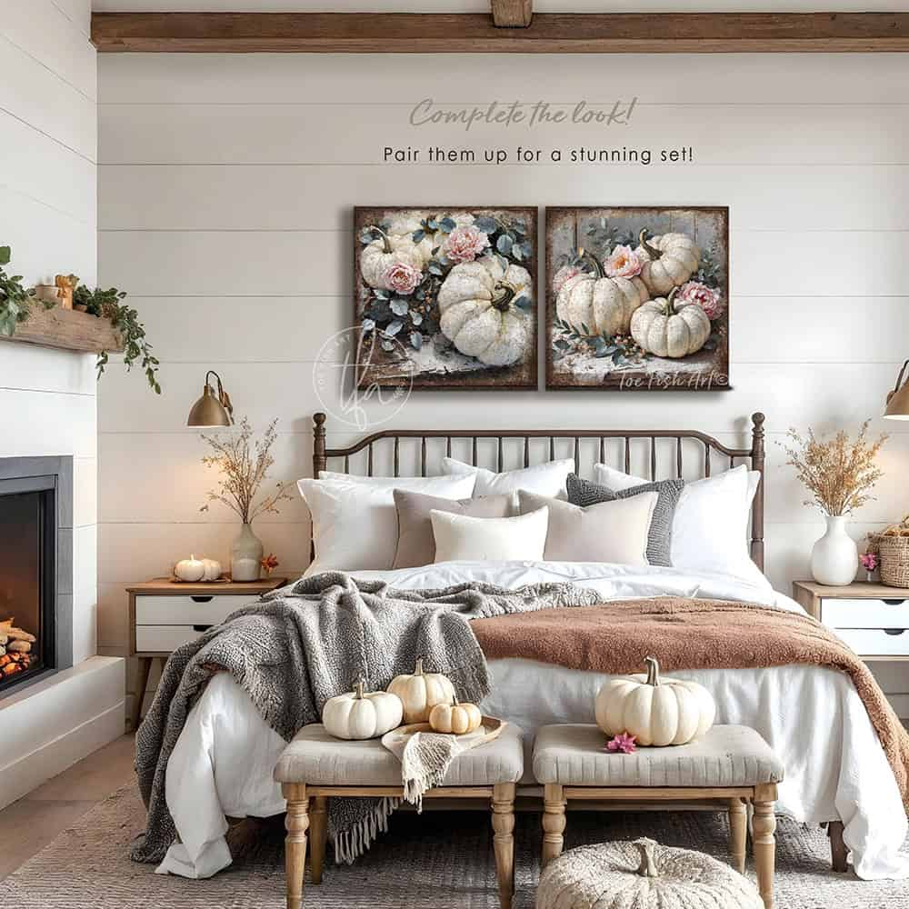 Toe Fish Art Rustic wall art featuring white pumpkins with pink peonies and blue leaves, vintage farmhouse fall floral decor.