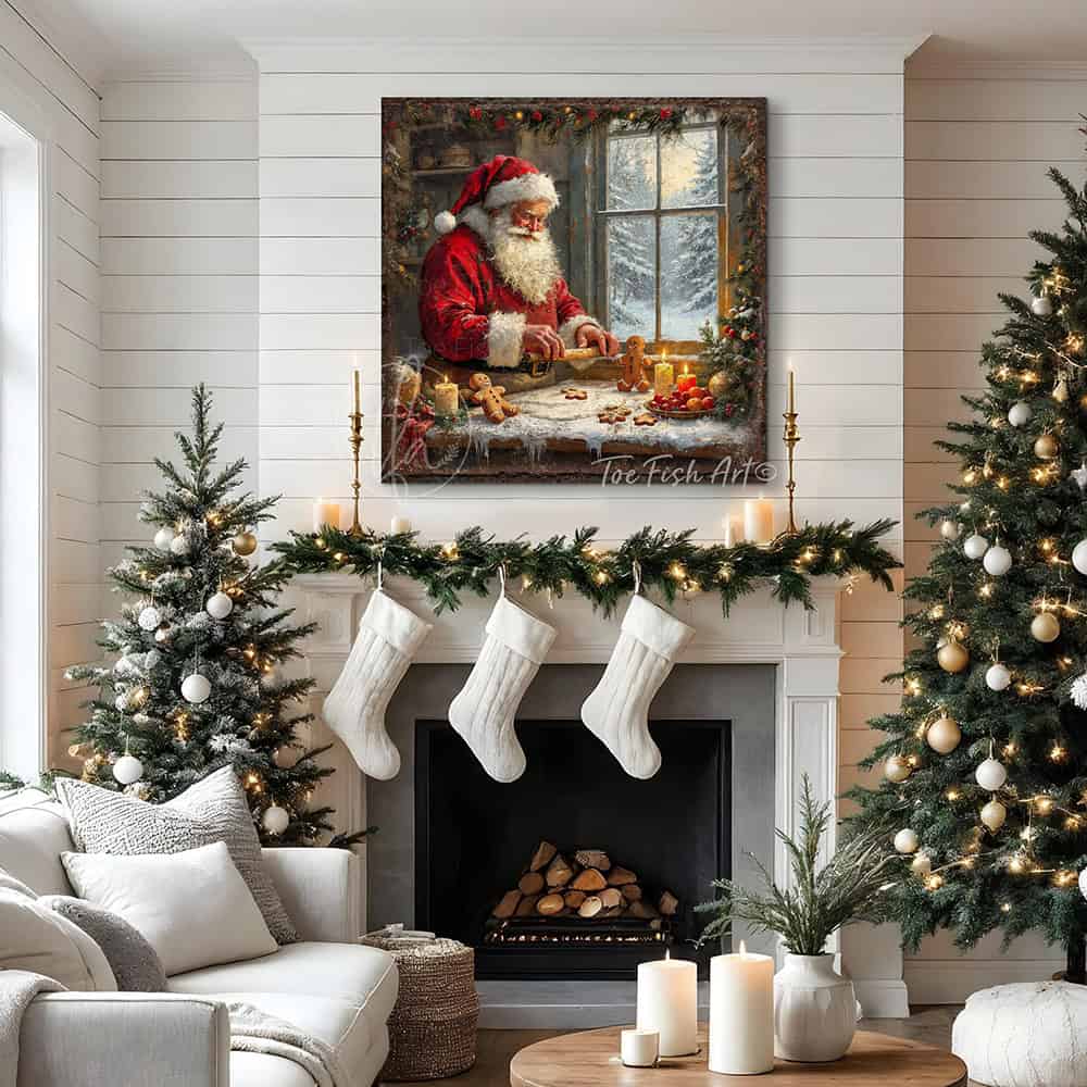 Toe Fish Art Santa Claus baking gingerbread cookies in a cozy kitchen with candles, snow outside the window, and festive Christmas décor.