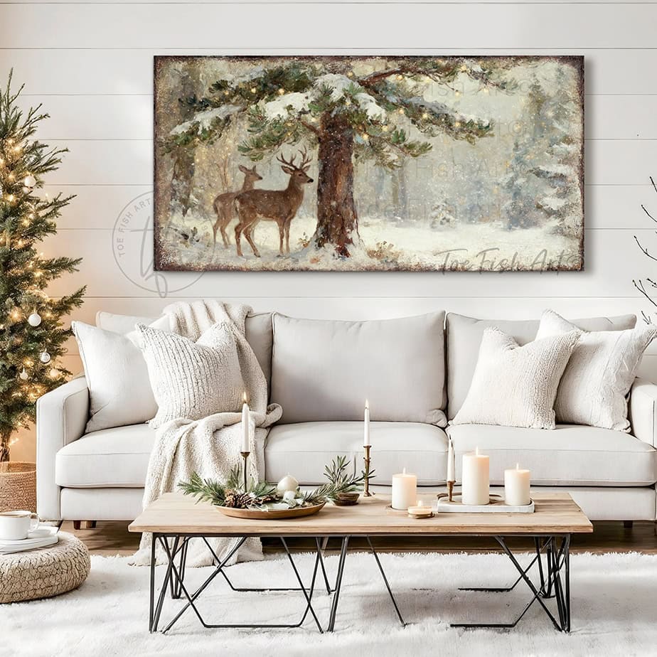 Make a bold statement with Toe Fish Art's striking vintage Christmas deer wall art.—A majestic buck and doe beneath a luminous Christmas tree in a dramatic winter forest landscape.—Toe Fish Art makes authentic wall art with American sourced materials. Proudly made in the USA, each sign is constructed with genuine craftsmanship, heritage quality, and rustic charm. Our premium, handcrafted pieces are built to last. Discover American made wall art at toefishart.com—crafted to inspire, made to endure.