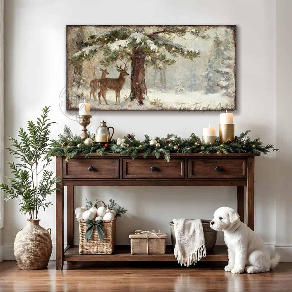 Make a bold statement with Toe Fish Art's striking vintage Christmas deer wall art.—A majestic buck and doe beneath a luminous Christmas tree in a dramatic winter forest landscape.—Toe Fish Art makes authentic wall art with American sourced materials. Proudly made in the USA, each sign is constructed with genuine craftsmanship, heritage quality, and rustic charm. Our premium, handcrafted pieces are built to last. Discover American made wall art at toefishart.com—crafted to inspire, made to endure.