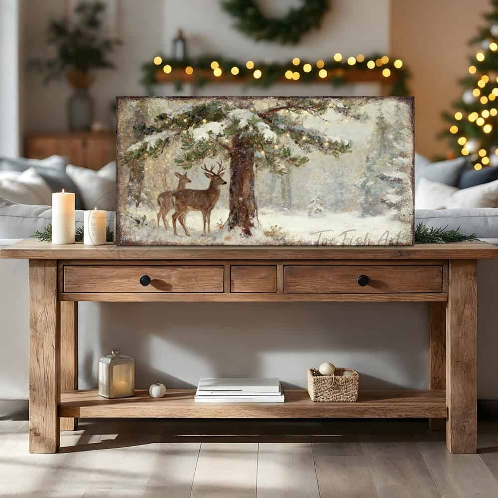 Make a bold statement with Toe Fish Art's striking vintage Christmas deer wall art.—A majestic buck and doe beneath a luminous Christmas tree in a dramatic winter forest landscape.—Toe Fish Art makes authentic wall art with American sourced materials. Proudly made in the USA, each sign is constructed with genuine craftsmanship, heritage quality, and rustic charm. Our premium, handcrafted pieces are built to last. Discover American made wall art at toefishart.com—crafted to inspire, made to endure.