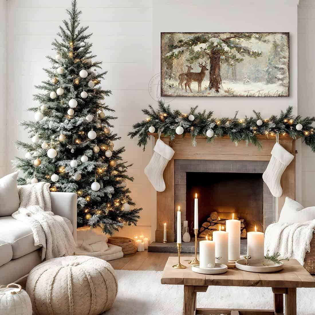 Make a bold statement with Toe Fish Art's striking vintage Christmas deer wall art.—A majestic buck and doe beneath a luminous Christmas tree in a dramatic winter forest landscape.—Toe Fish Art makes authentic wall art with American sourced materials. Proudly made in the USA, each sign is constructed with genuine craftsmanship, heritage quality, and rustic charm. Our premium, handcrafted pieces are built to last. Discover American made wall art at toefishart.com—crafted to inspire, made to endure.