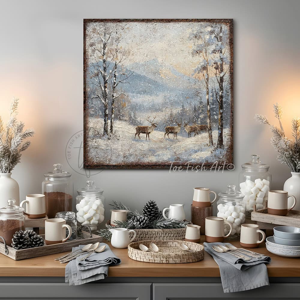 This isn't your grandmother's reindeer print—it's a bold statement piece by Toe Fish Art that blends cozy cottage cabin aesthetics with contemporary style in this striking canvas wall art.—Toe Fish Art makes authentic wall art with American sourced materials. Proudly made in the USA, each sign is constructed with genuine craftsmanship, heritage quality, and rustic charm. Our premium, handcrafted pieces are built to last. Discover American made wall art at toefishart.com—crafted to inspire, made to endure.