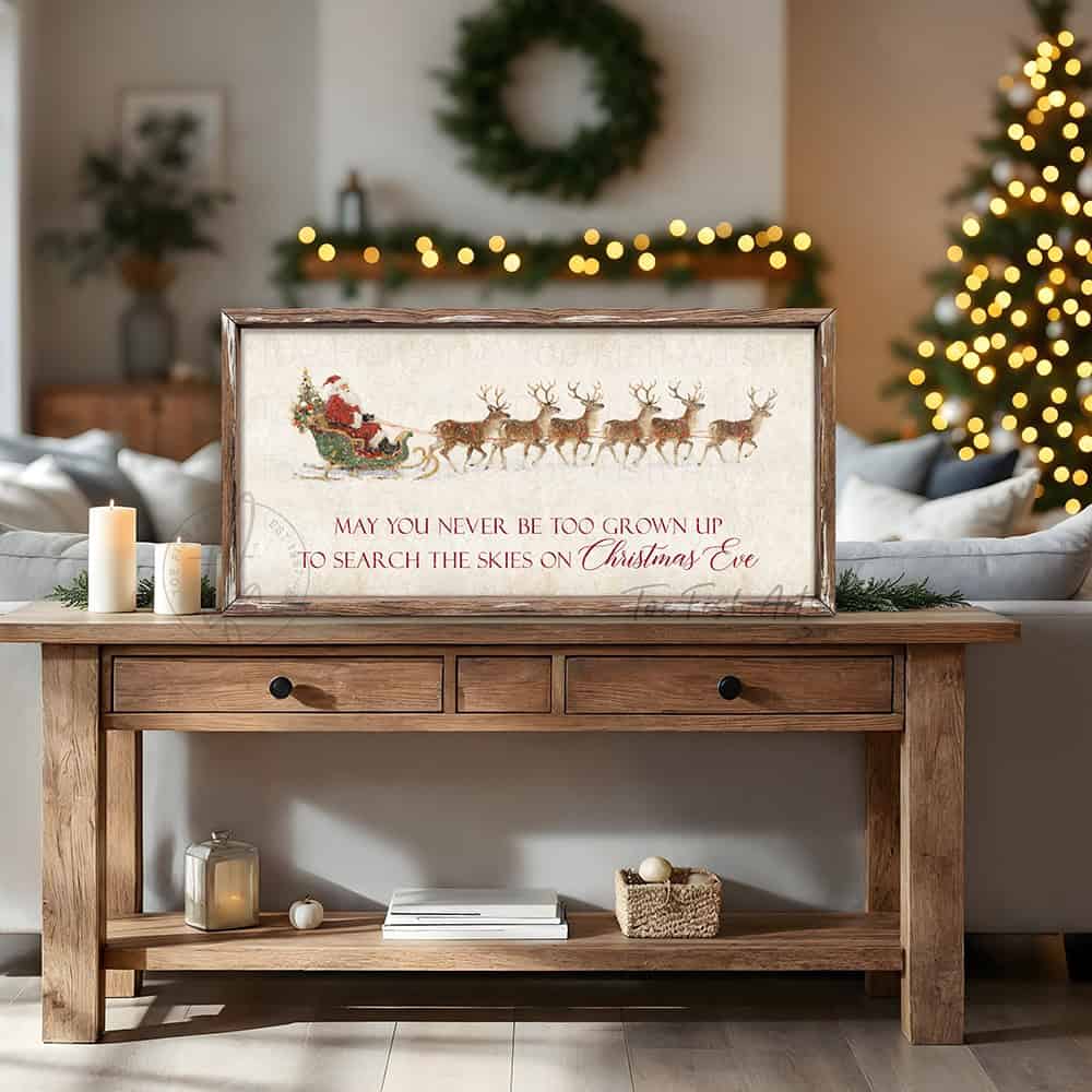 Rustic Christmas wall art featuring Santa Claus in a sleigh pulled by reindeer with the quote “May You Never Be Too Grown Up to Search the Skies on Christmas Eve.” Vintage farmhouse holiday décor perfect for adding nostalgic Christmas charm to your home.