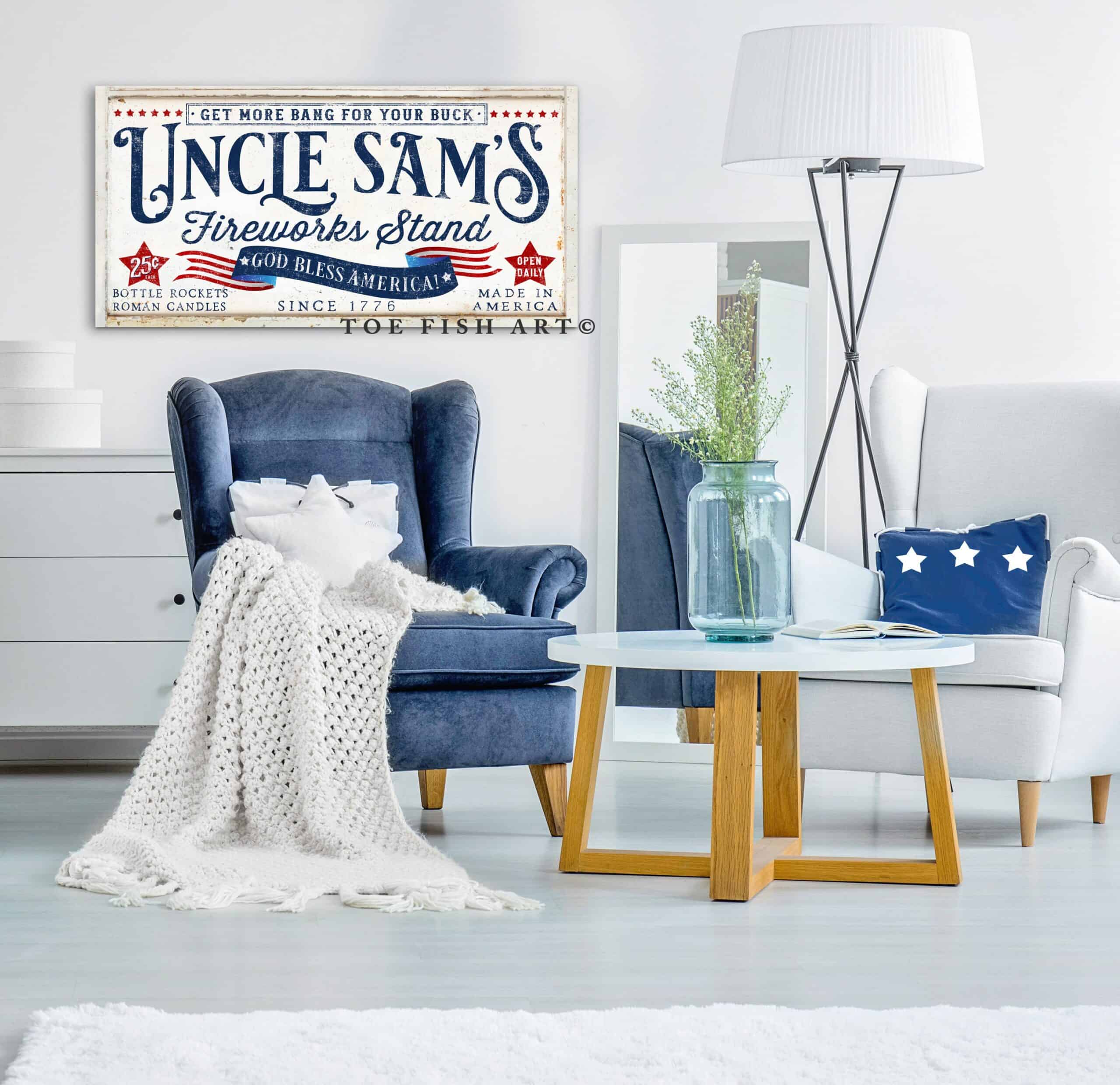 Uncle Sam's Fireworks Stand Sign handmade by ToeFishArt. Original, custom, personalized wall decor signs. Canvas, Wood or Metal. Rustic modern farmhouse, cottagecore, vintage, retro, industrial, Americana, primitive, country, coastal, minimalist.