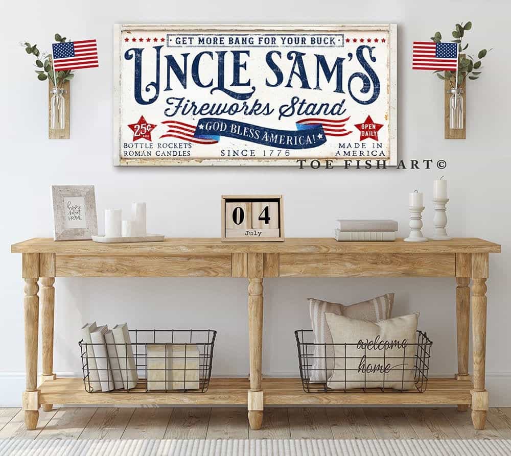 Uncle Sam's Fireworks Stand Sign handmade by ToeFishArt. Original, custom, personalized wall decor signs. Canvas, Wood or Metal. Rustic modern farmhouse, cottagecore, vintage, retro, industrial, Americana, primitive, country, coastal, minimalist.
