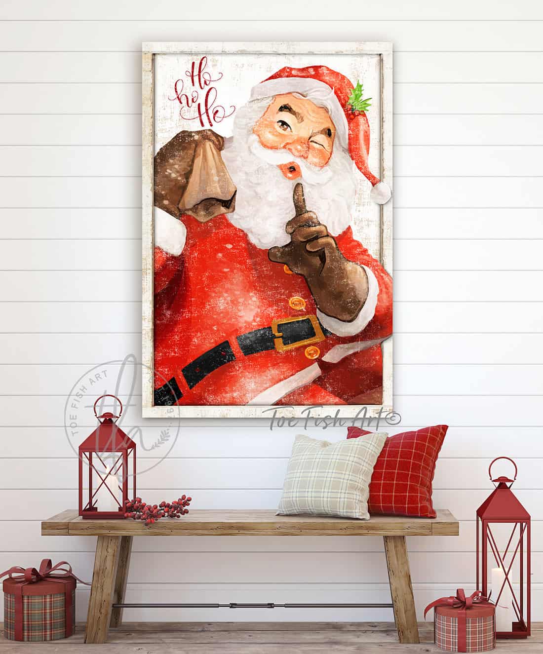 Vintage Believe Santa Sign handmade by ToeFishArt. Original, custom, personalized wall decor signs. Canvas, Wood or Metal. Rustic modern farmhouse, cottagecore, vintage, retro, industrial, Americana, primitive, country, coastal, minimalist.