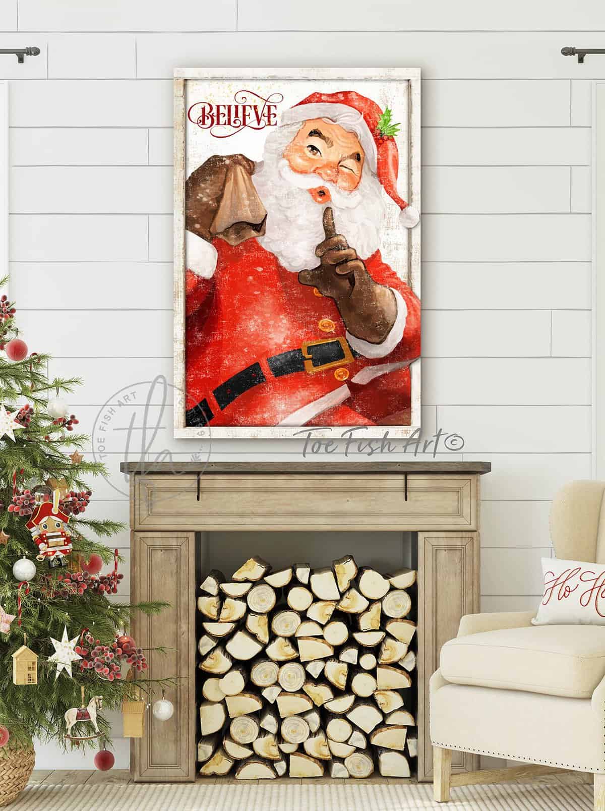Vintage Believe Santa Sign handmade by ToeFishArt. Original, custom, personalized wall decor signs. Canvas, Wood or Metal. Rustic modern farmhouse, cottagecore, vintage, retro, industrial, Americana, primitive, country, coastal, minimalist.