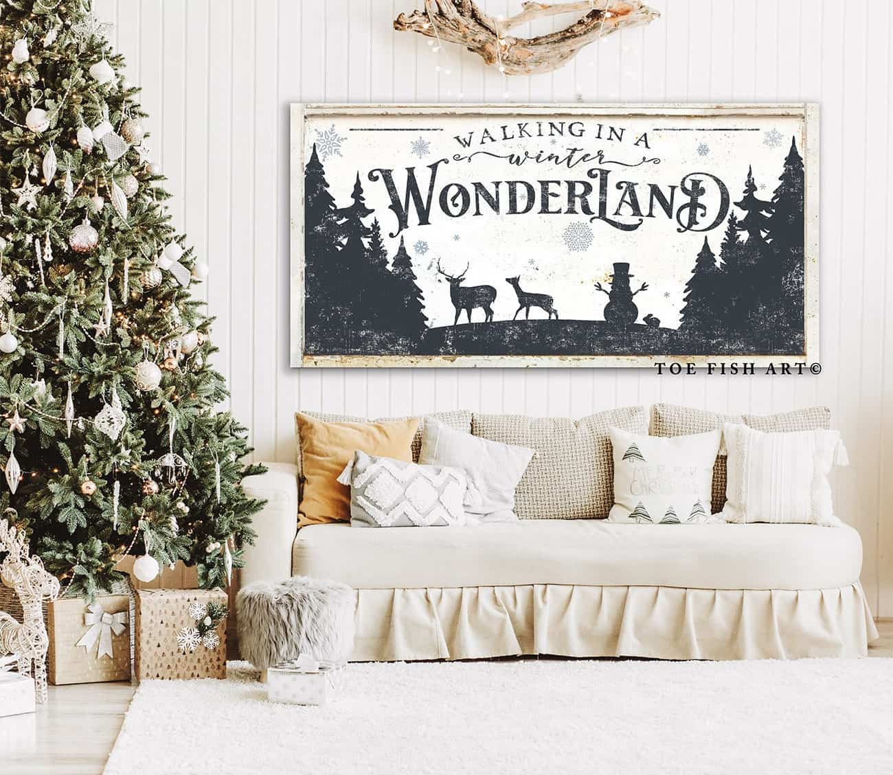 Walking in a Winter Wonderland Sign handmade by ToeFishArt. Original, custom, personalized wall decor signs. Canvas, Wood or Metal. Rustic modern farmhouse, cottagecore, vintage, retro, industrial, Americana, primitive, country, coastal, minimalist.