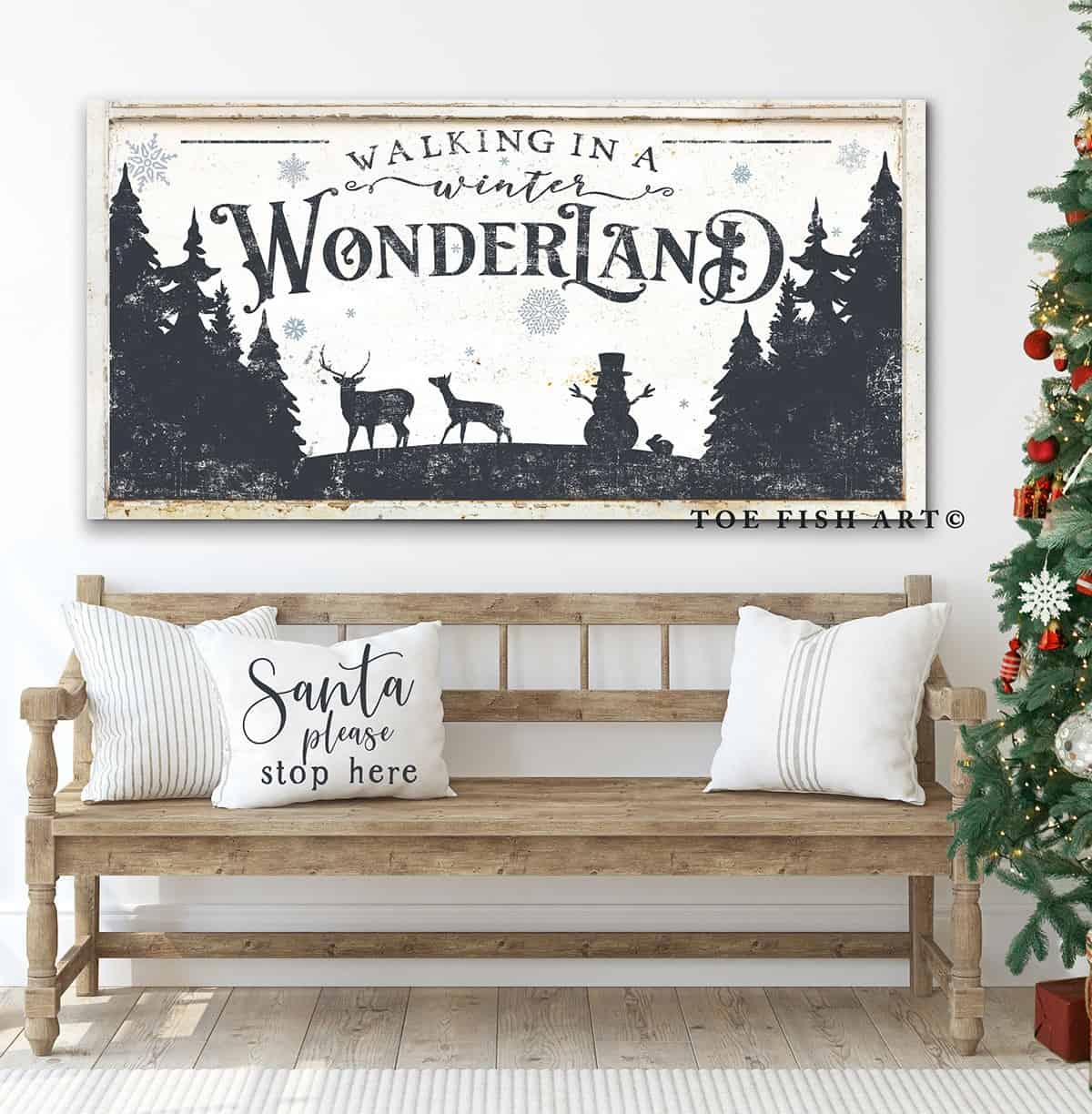 Walking in a Winter Wonderland Sign handmade by ToeFishArt. Original, custom, personalized wall decor signs. Canvas, Wood or Metal. Rustic modern farmhouse, cottagecore, vintage, retro, industrial, Americana, primitive, country, coastal, minimalist.