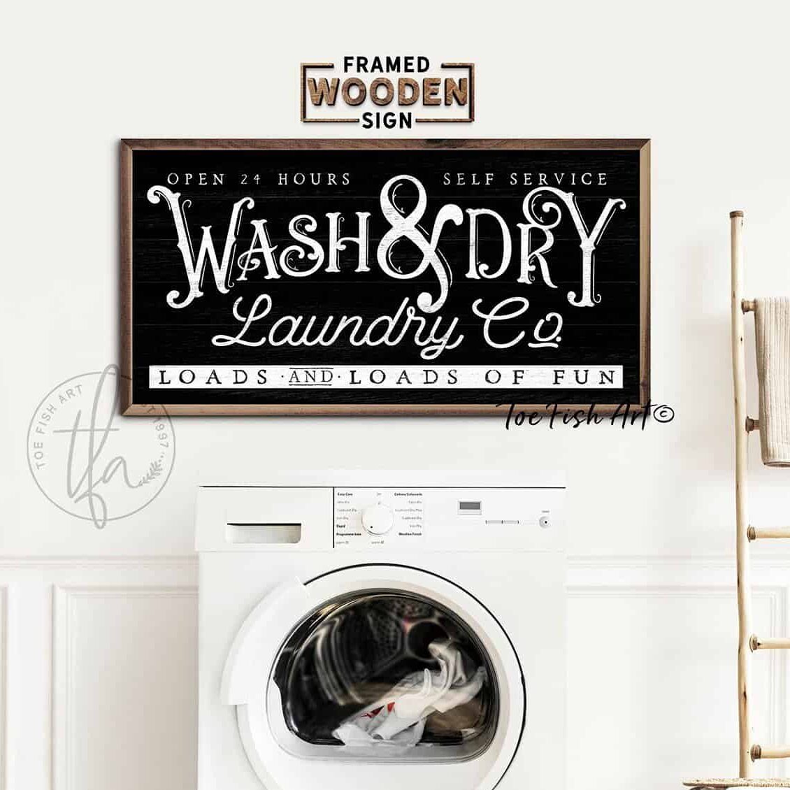 Wash & Dry Laundry Co. Sign handmade by ToeFishArt. Original, custom, personalized wall decor signs. Canvas, Wood or Metal. Rustic modern farmhouse, cottagecore, vintage, retro, industrial, Americana, primitive, country, coastal, minimalist.