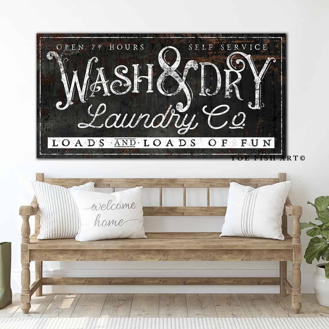 Wash & Dry Laundry Co. Sign handmade by ToeFishArt. Original, custom, personalized wall decor signs. Canvas, Wood or Metal. Rustic modern farmhouse, cottagecore, vintage, retro, industrial, Americana, primitive, country, coastal, minimalist.