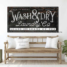 Wash & Dry Laundry Co. Sign handmade by ToeFishArt. Original, custom, personalized wall decor signs. Canvas, Wood or Metal. Rustic modern farmhouse, cottagecore, vintage, retro, industrial, Americana, primitive, country, coastal, minimalist.