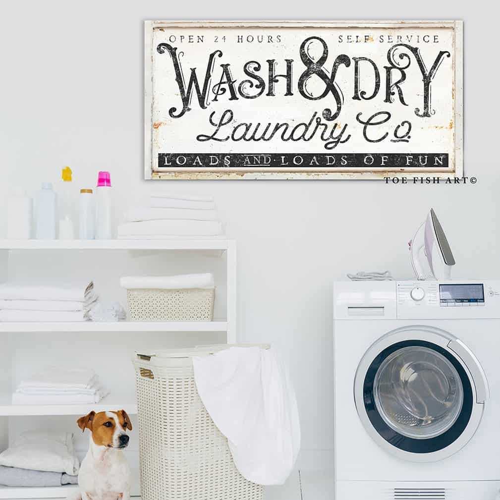 Wash & Dry Laundry Co. Sign handmade by ToeFishArt. Original, custom, personalized wall decor signs. Canvas, Wood or Metal. Rustic modern farmhouse, cottagecore, vintage, retro, industrial, Americana, primitive, country, coastal, minimalist.