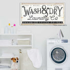 Wash & Dry Laundry Co. Sign handmade by ToeFishArt. Original, custom, personalized wall decor signs. Canvas, Wood or Metal. Rustic modern farmhouse, cottagecore, vintage, retro, industrial, Americana, primitive, country, coastal, minimalist.