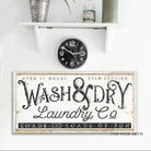 Wash & Dry Laundry Co. Sign handmade by ToeFishArt. Original, custom, personalized wall decor signs. Canvas, Wood or Metal. Rustic modern farmhouse, cottagecore, vintage, retro, industrial, Americana, primitive, country, coastal, minimalist.